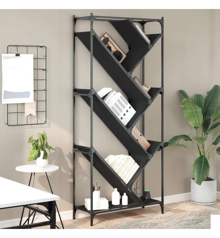 Bibliothèque noir 79x30x180 cm bois d'ingénierie et métal