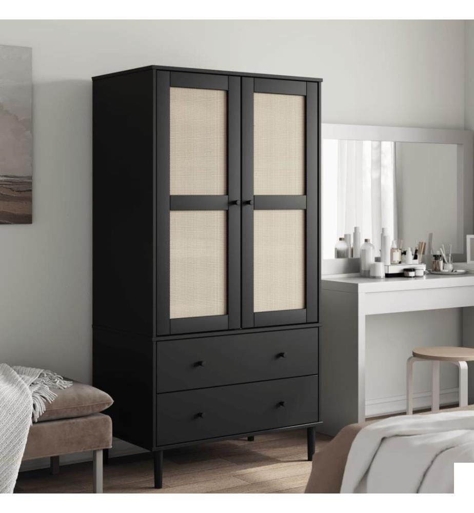 Garde-robe SENJA aspect rotin noir 90x55x175 cm bois massif pin