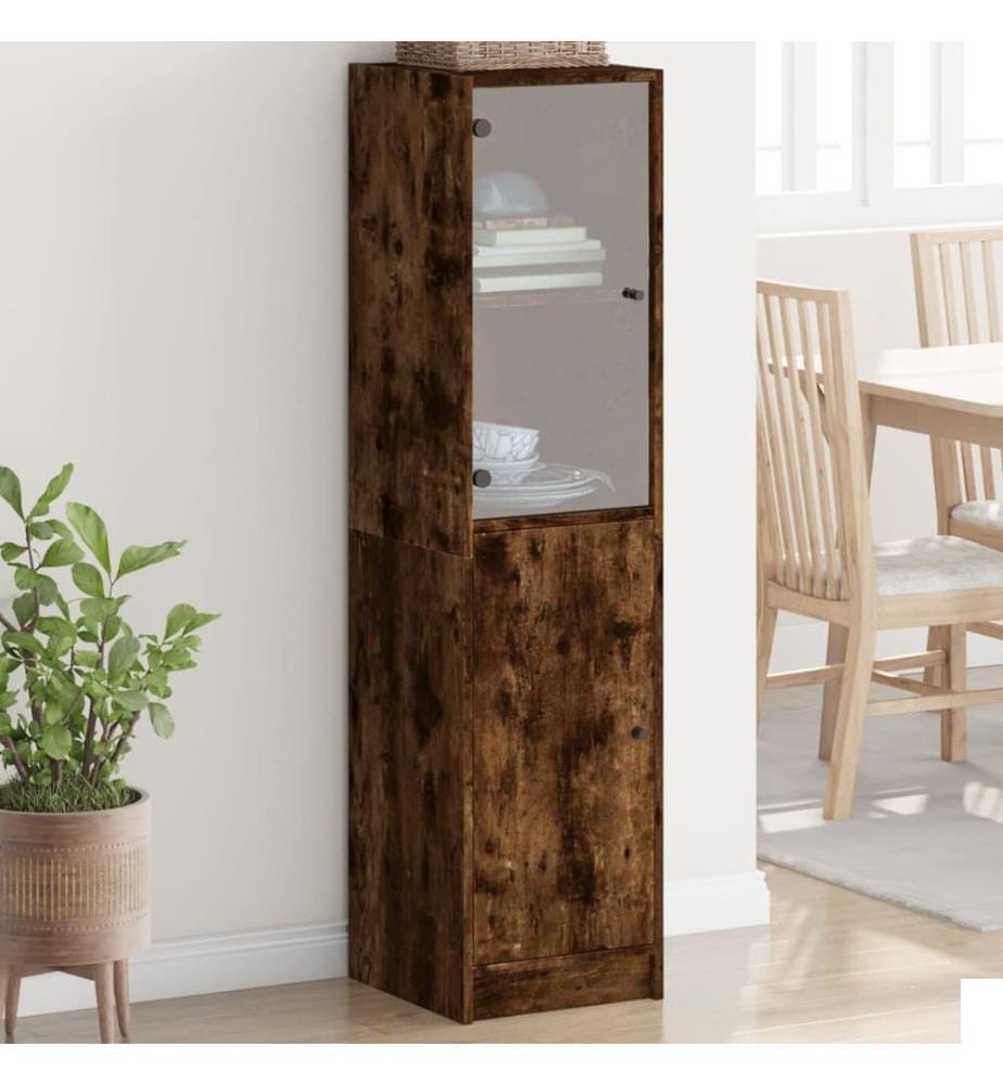 Buffet avec porte en verre chêne fumé 35x37x142 cm