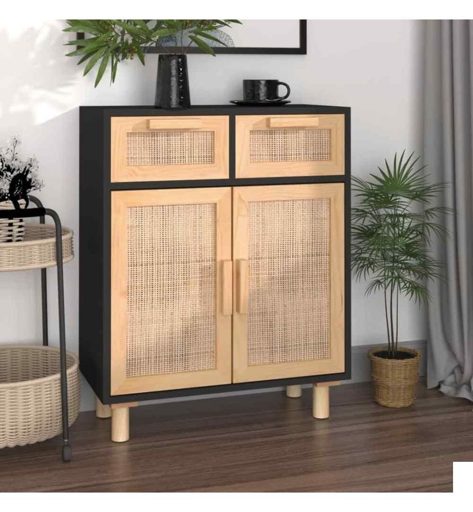 Buffet Noir 60x30x75 cm Bois de pin massif et rotin naturel