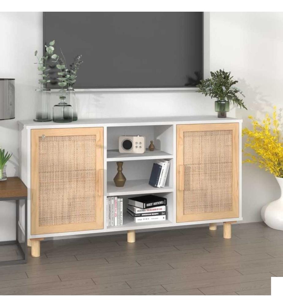 Buffet Blanc 105x30x60 cm Bois de pin massif et rotin naturel