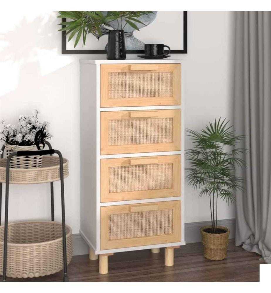 Buffet Blanc 40x30x90 cm Bois de pin massif et rotin naturel