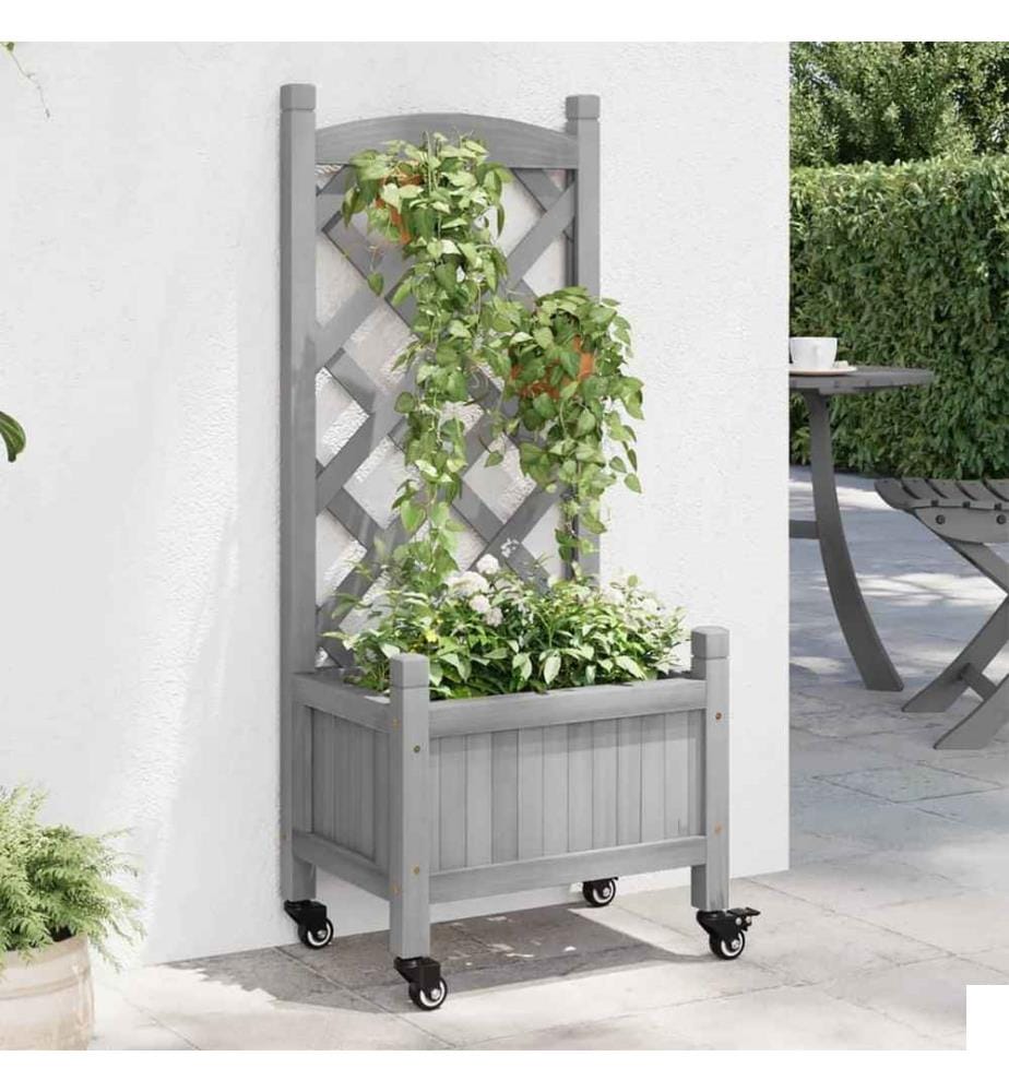 Jardinière avec treillis et roues gris bois massif de sapin
