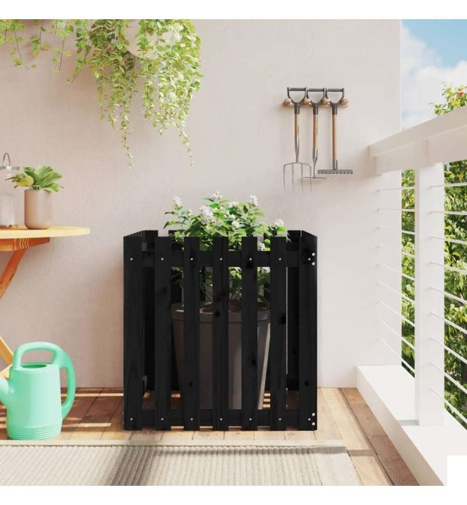 Jardinière avec design de clôture noir 70x70x70 cm pin massif