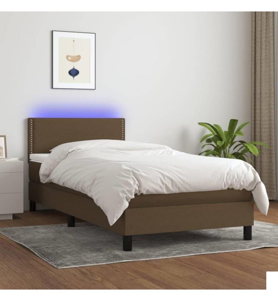 Sommier tapissier matelas et LED Marron foncé 100x200cm Tissu
