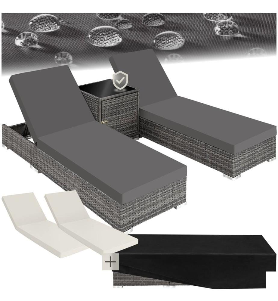 Lot de 2 bains de soleil en rotin et aluminium avec table et housse de protection - gris