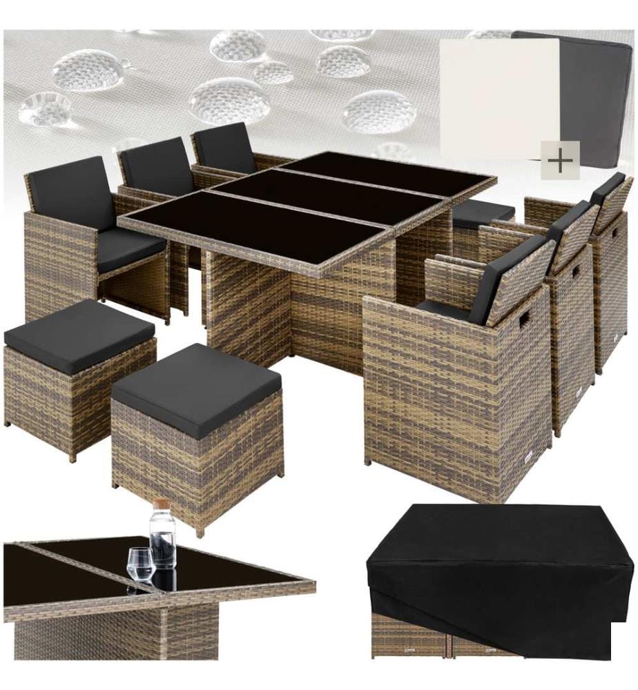 Salon de jardin NEW YORK 10 places avec 2 sets de housses housse de protection, variante 2 - marron naturel