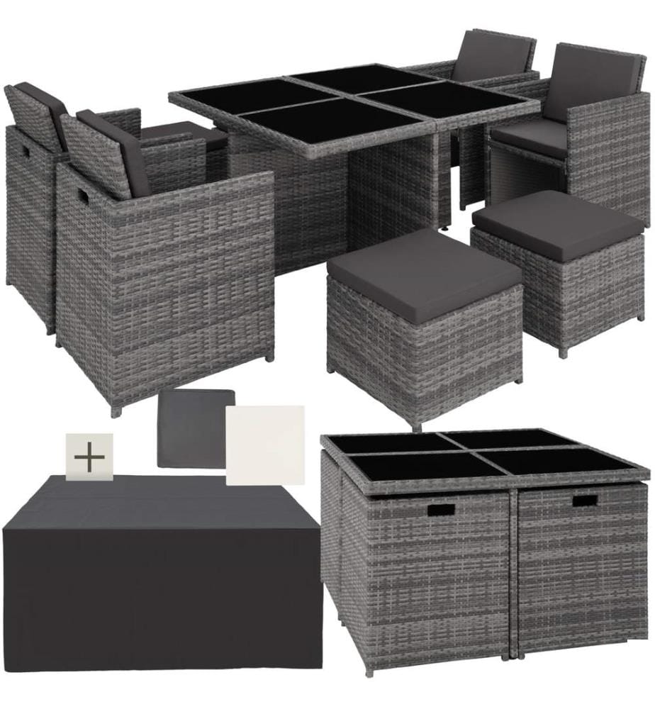 Salon de jardin MANHATTAN 8 places avec 2 sets de housses housse de protection, variante 2 - gris