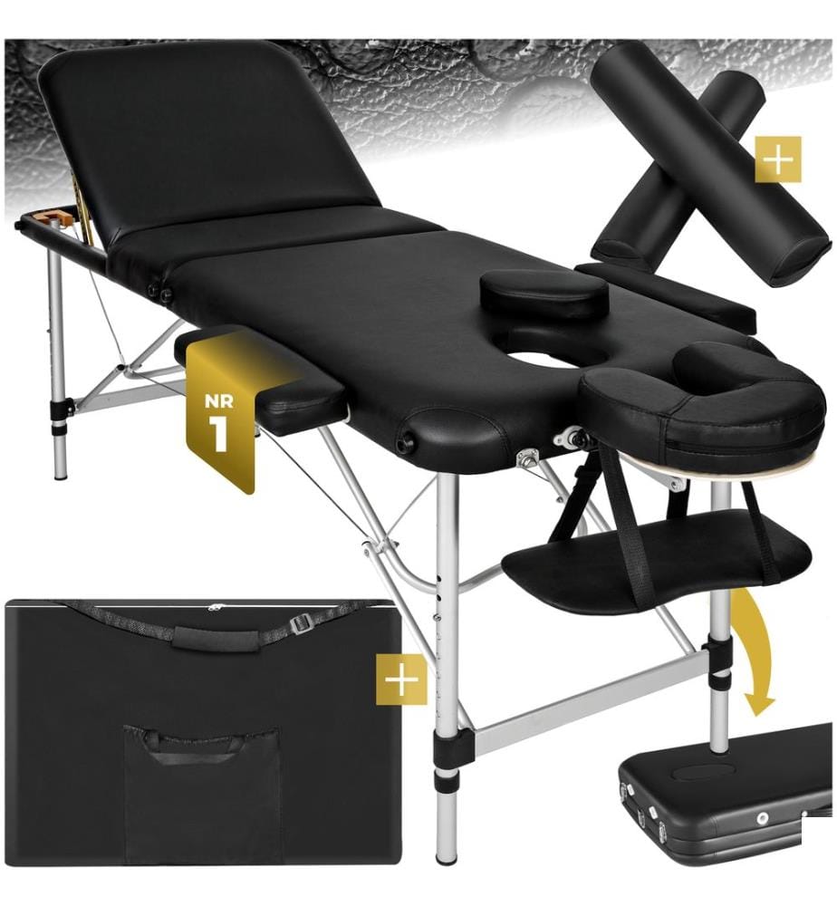 Table de massage 3 zones avec rembourrage de 5 cm et châssis en aluminium et rouleaux - noir