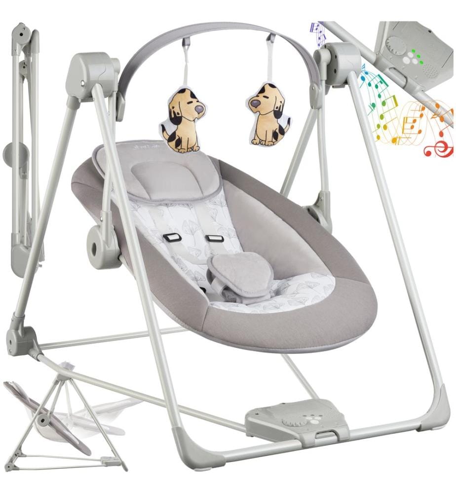 Balancelle pour bébé DOGS pliable, 5 vitesses et minuterie - gris clair