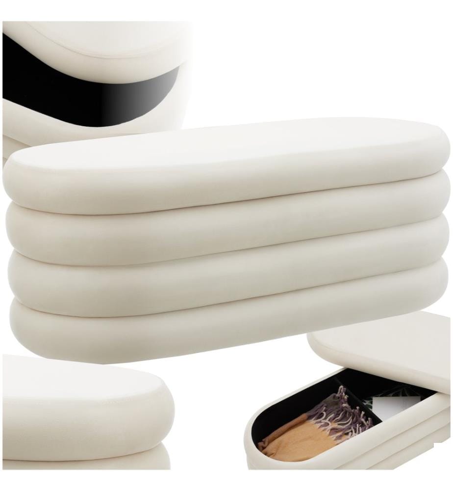 Banc rembourré ALTU avec espace de rangement - Aspect velours crème blanc
