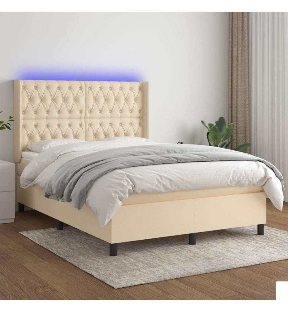 Sommier à lattes de lit matelas et LED Crème 140x190 cm Tissu