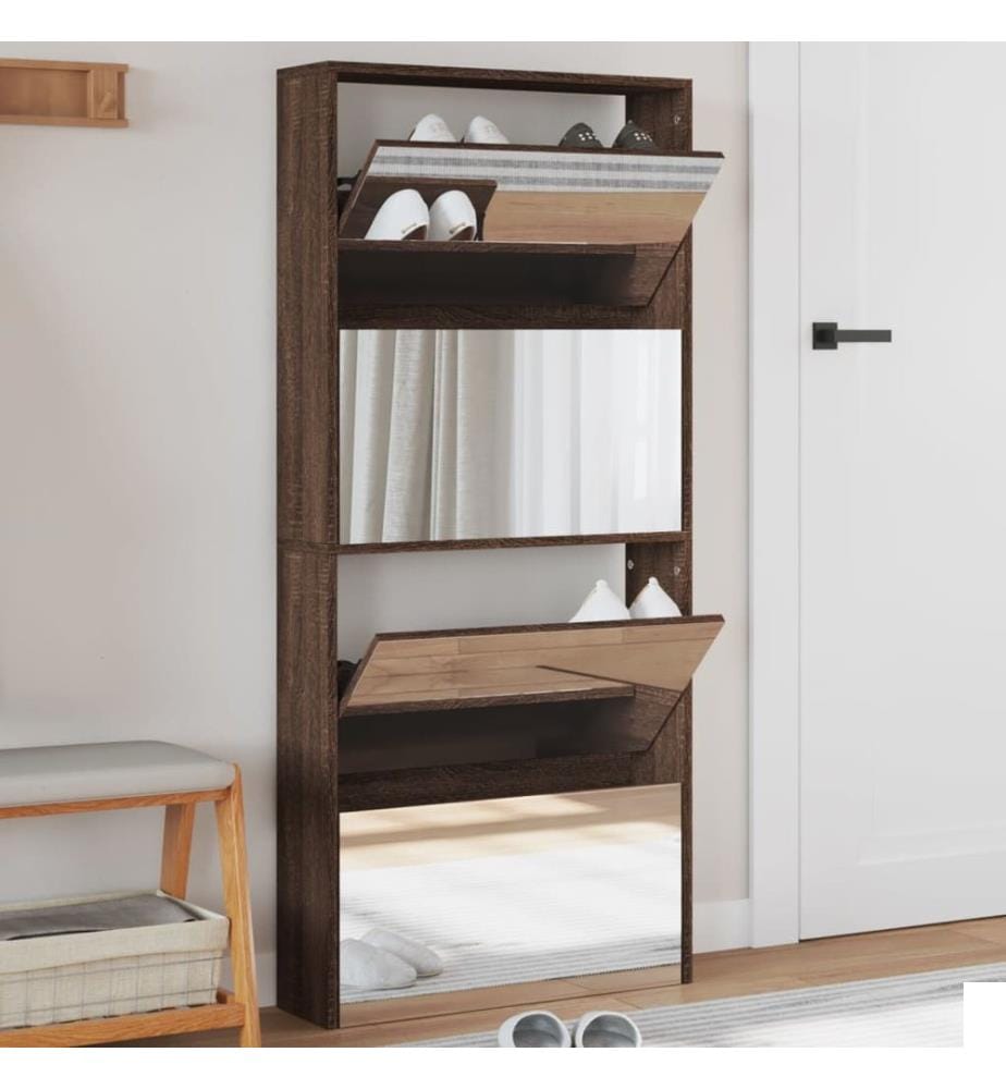 Armoire à chaussures miroir 4 niveaux chêne marron 63x17x134 cm