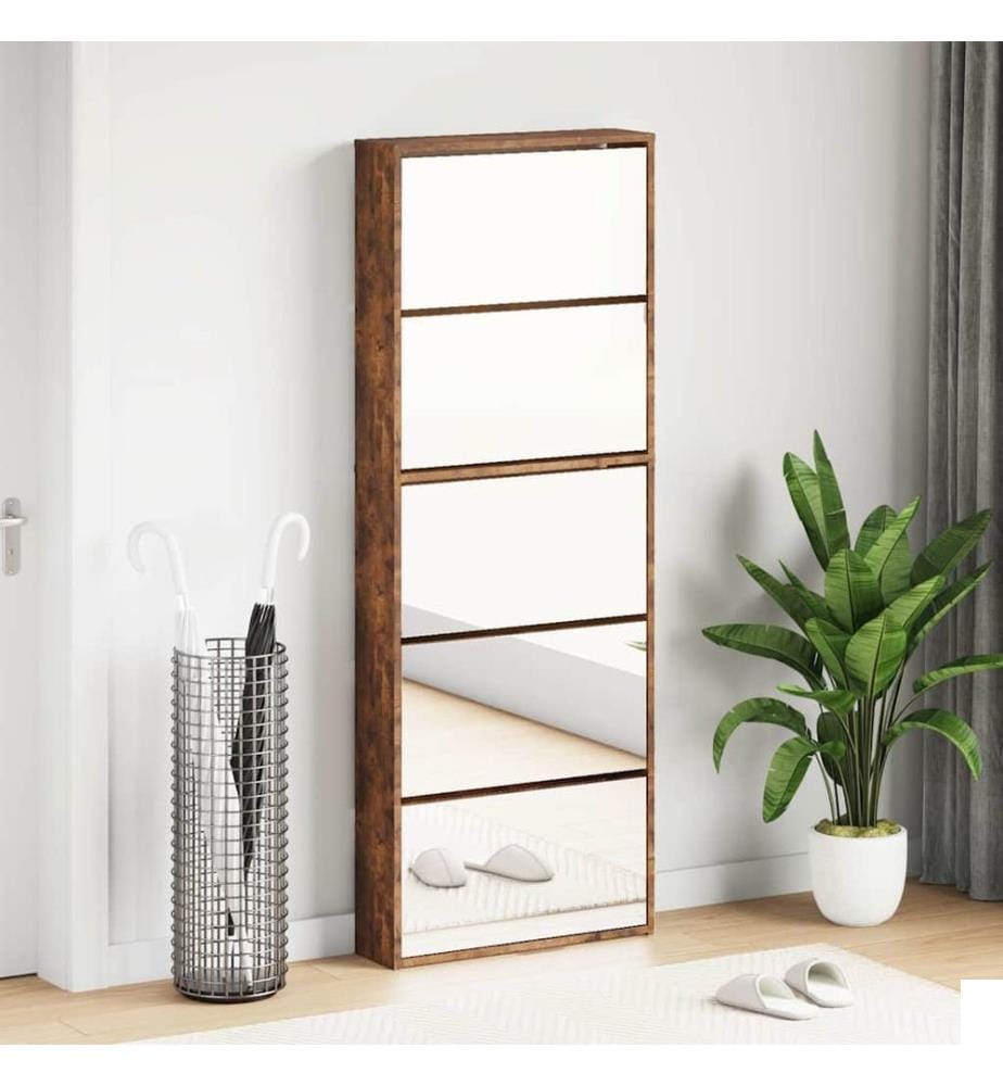 Armoire à chaussures miroir 5 niveaux chêne fumé 63x17x169,5 cm