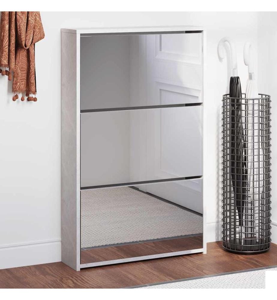 Armoire à chaussures miroir 3 niveaux Gris béton 63x17x102,5 cm