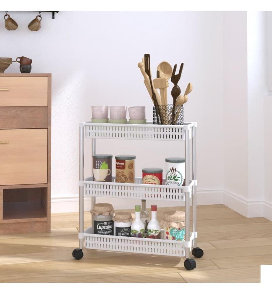Chariot de rangement à 3 niveaux Argenté et blanc Aluminium