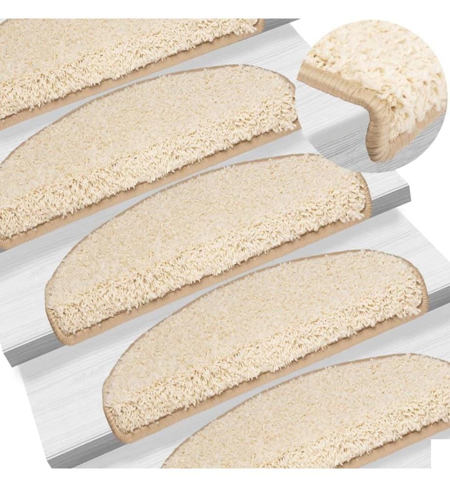 Tapis d'escalier 15 pièces 65 x 21 x 4 cm Crème Demi-rond Grand
