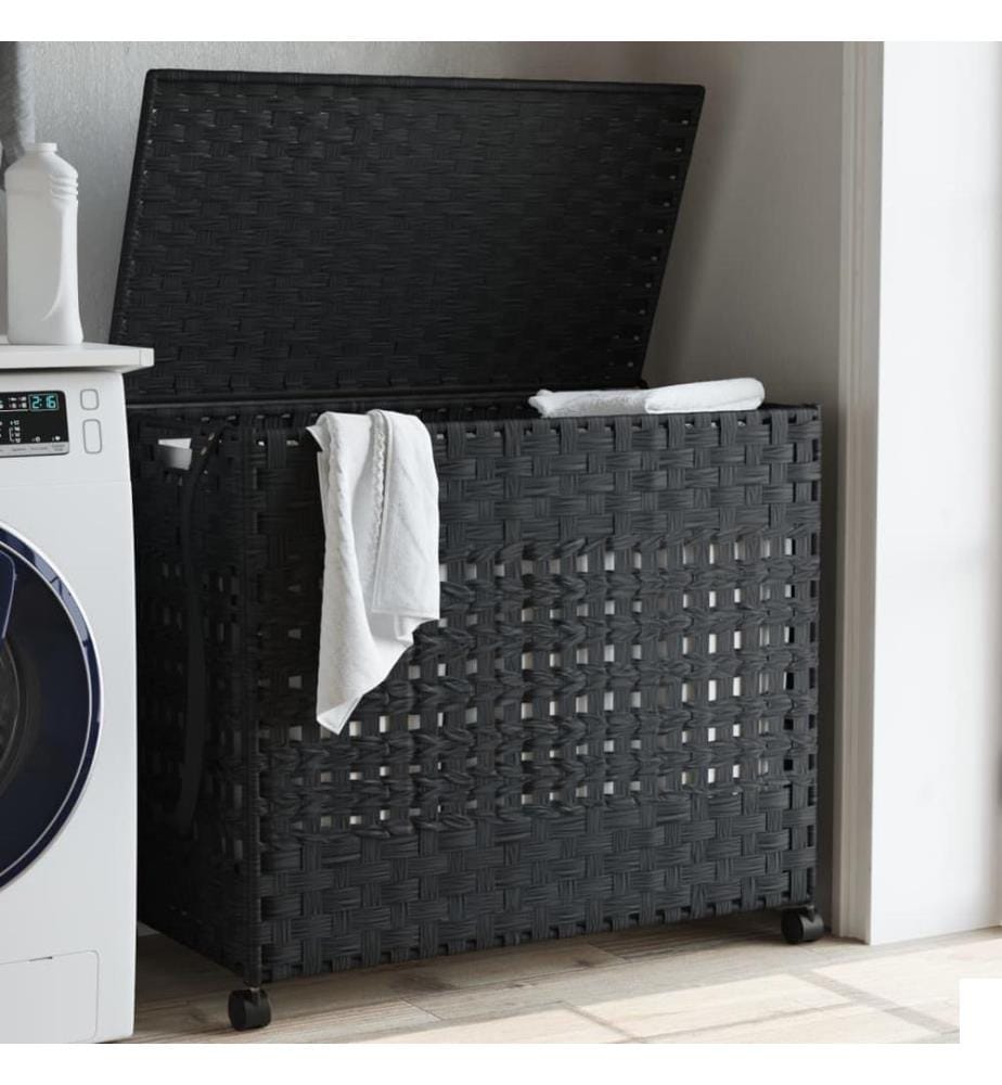 Panier à linge avec roulettes noir 66x35x60 cm résine tressée