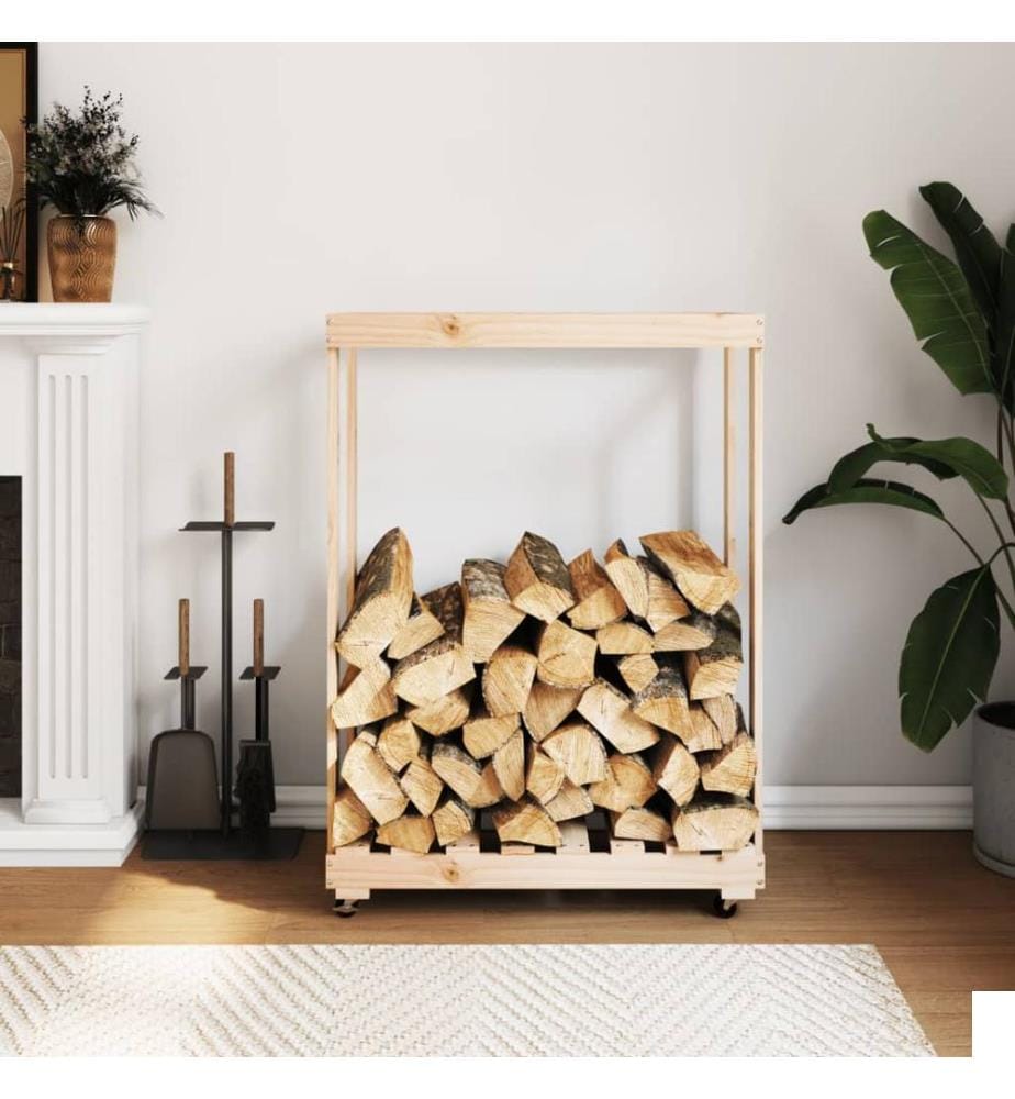 Porte-bûches avec roulettes 76,5x40x108 cm bois massif de pin
