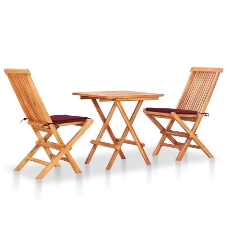 Ensemble de bistro 3 pcs avec coussins rouge bordeaux Teck