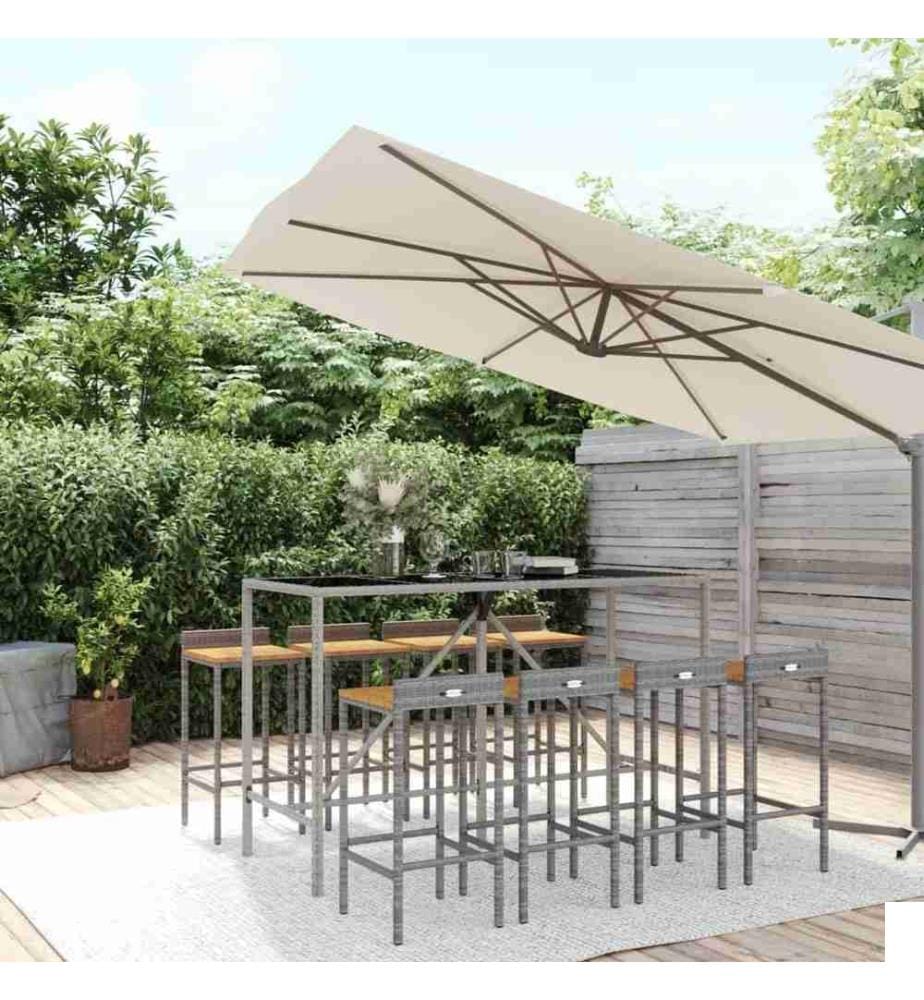 Ensemble de bar jardin 9 pcs gris poly rotin/bois massif acacia