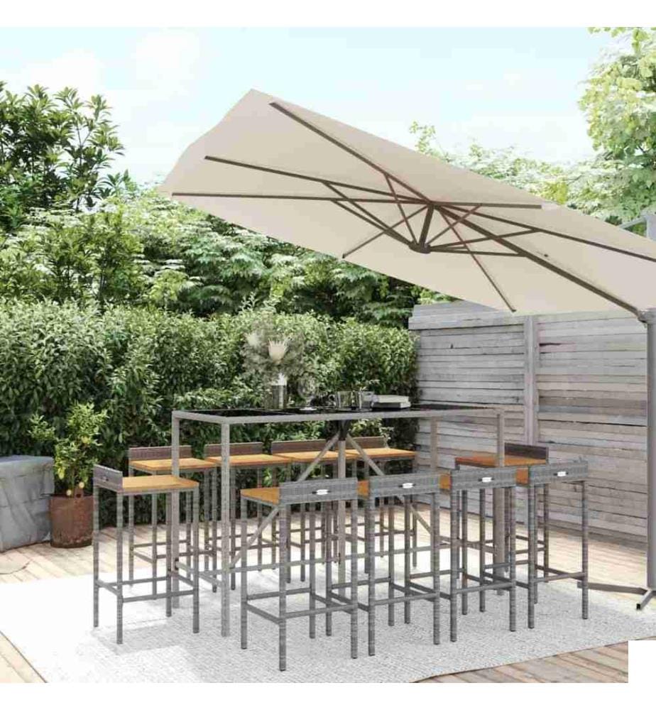 Ensemble de bar jardin 11pcs gris poly rotin/bois massif acacia