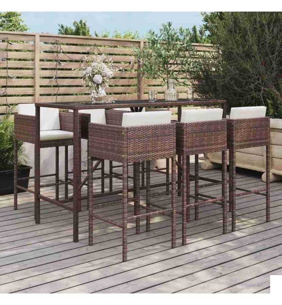 Ensemble de bar de jardin avec coussins 7 pcs marron poly rotin