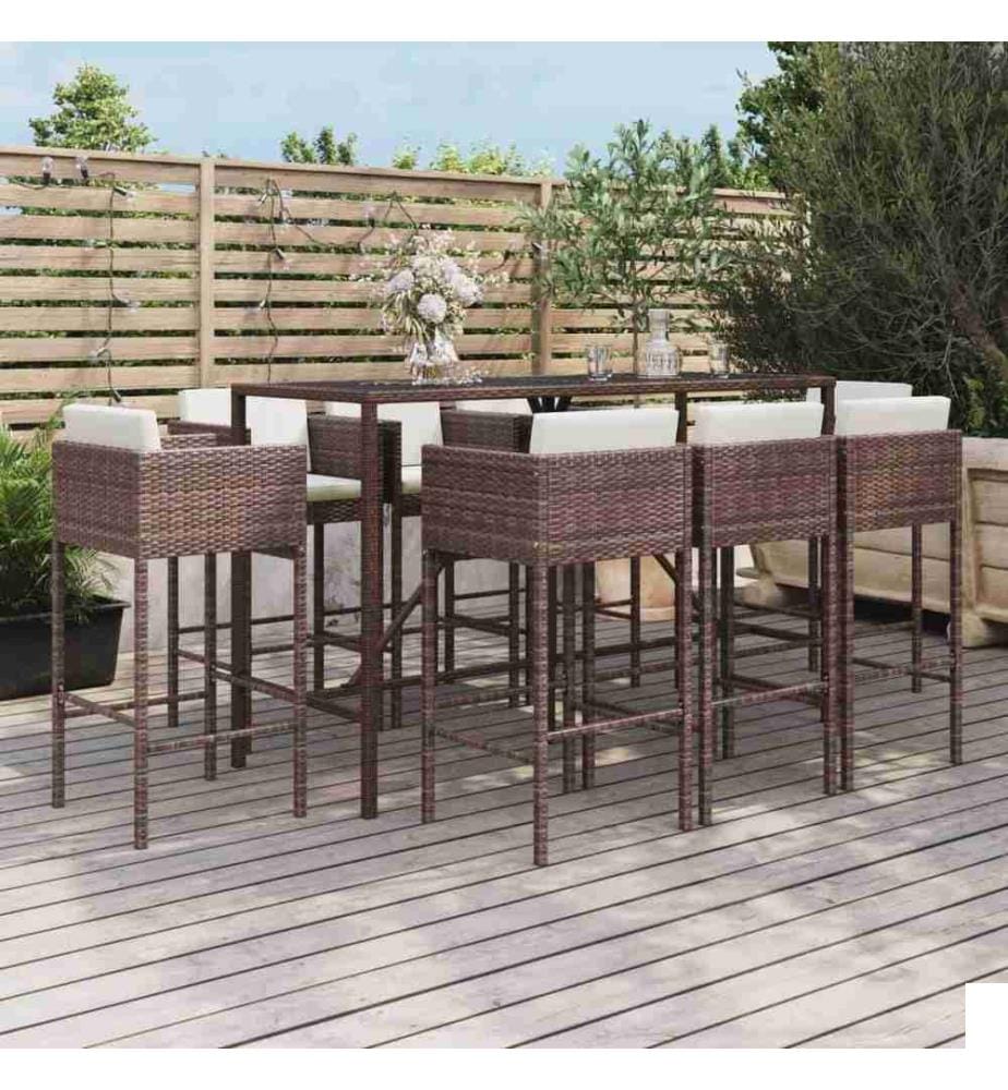 Ensemble de bar de jardin 9 pcs avec coussins marron poly rotin