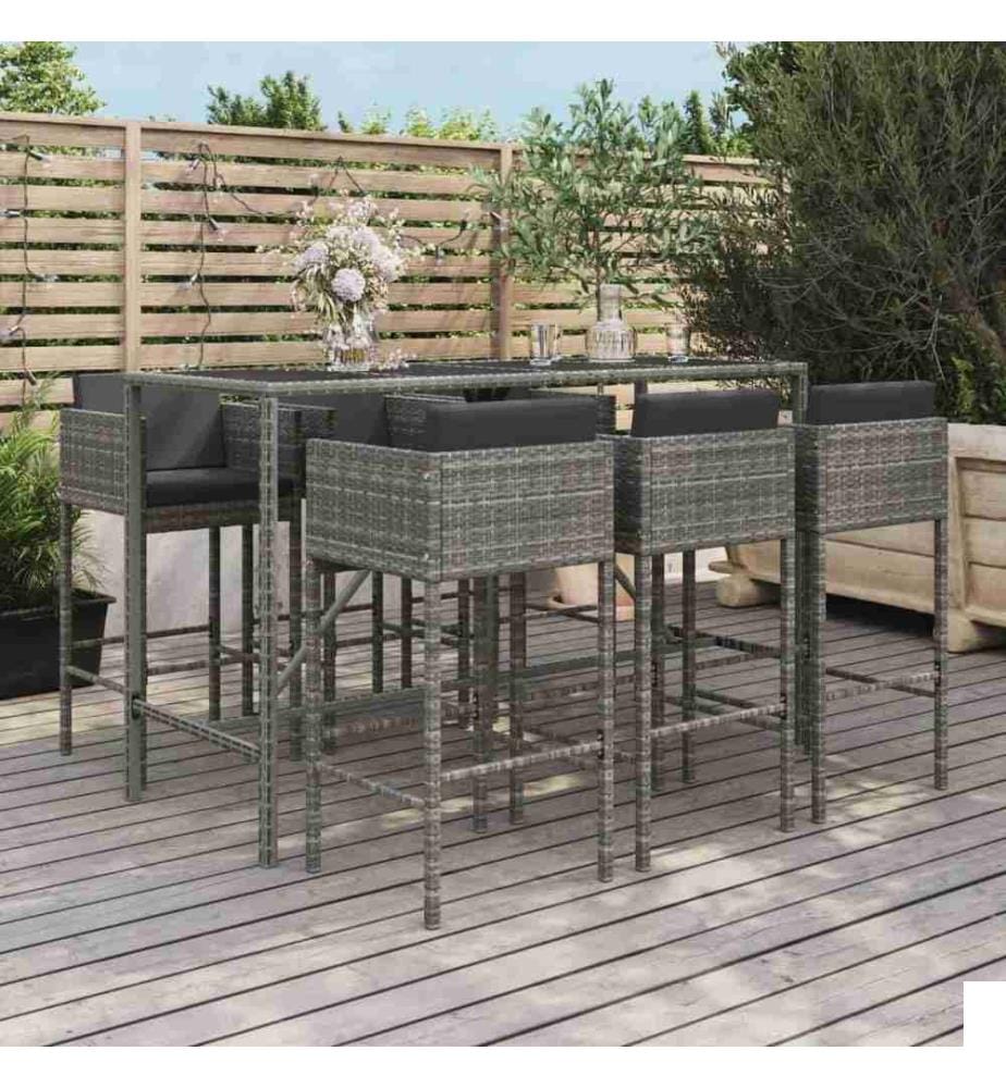 Ensemble de bar de jardin 7 pcs avec coussins gris poly rotin
