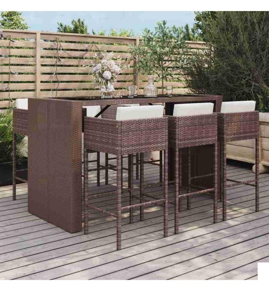 Ensemble de bar de jardin avec coussins 7 pcs marron poly rotin