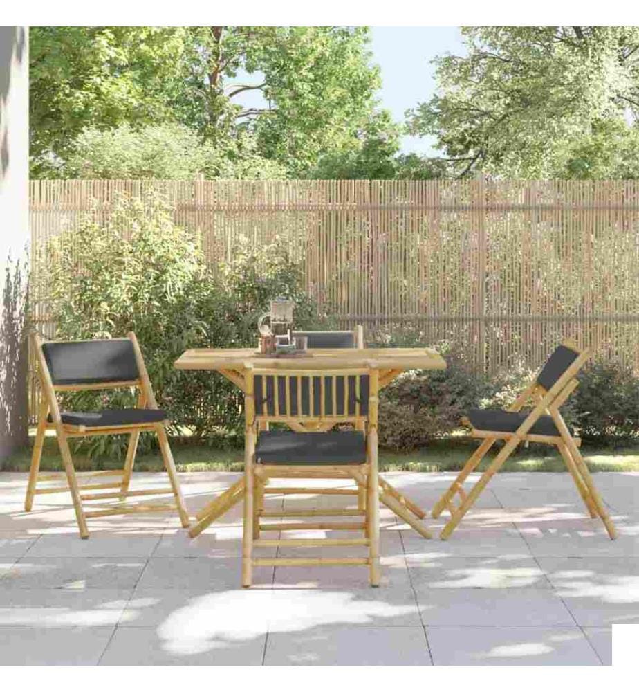 Ensemble de bistro pliante 5 pcs et coussins gris foncé bambou