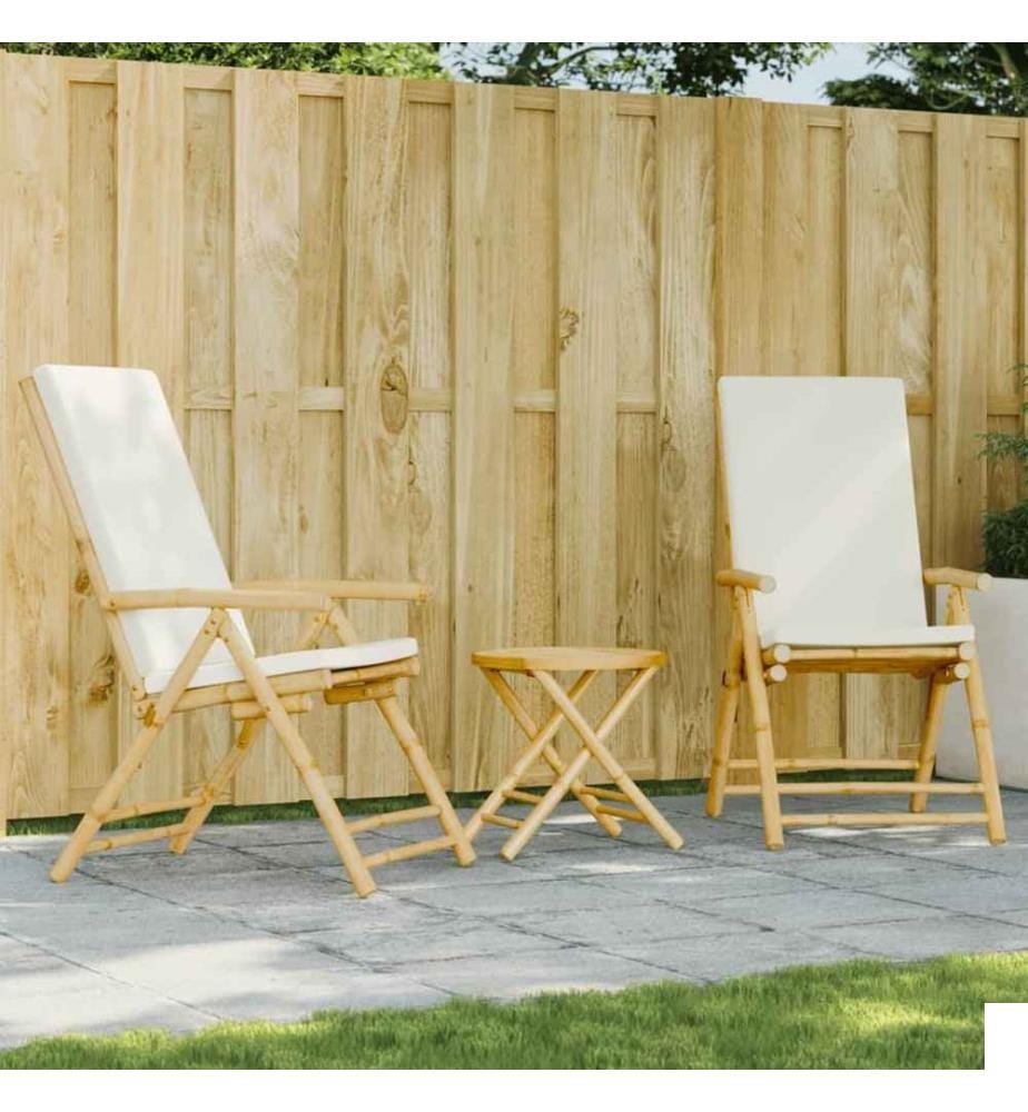 Ensemble de bistro pliante 3 pcs et coussins blanc crème bambou
