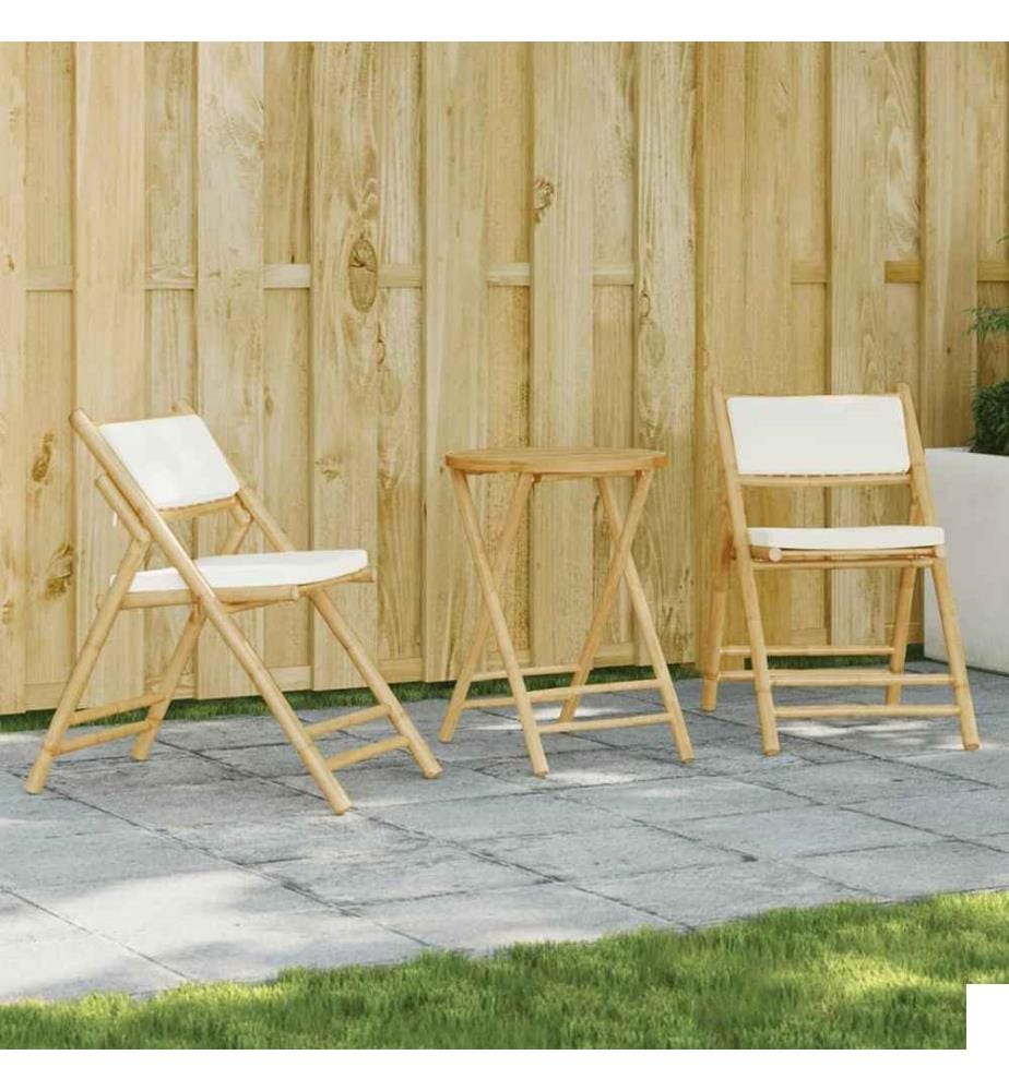 Ensemble de bistro pliante 3 pcs et coussins blanc crème bambou