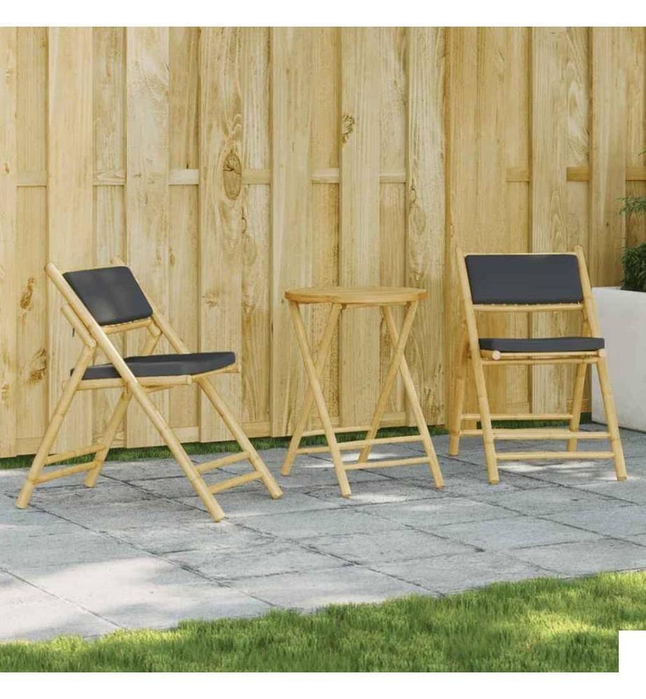 Ensemble de bistro pliante 3 pcs et coussins gris foncé bambou