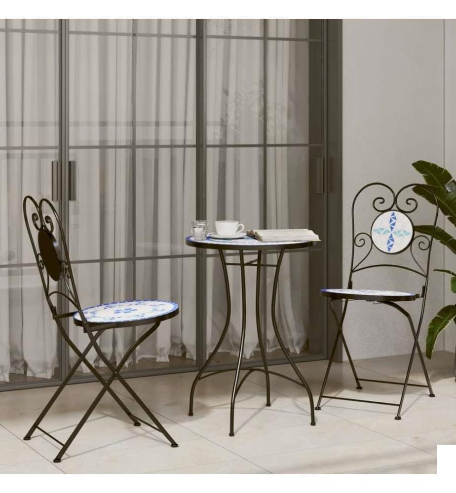 Ensemble de bistro mosaïque bleu et blanc fer et céramique