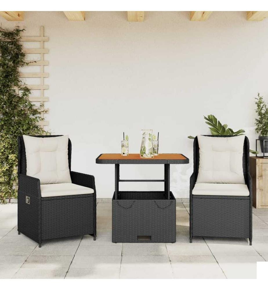 Ensemble de bistro 3 pcs avec coussins noir résine tressée