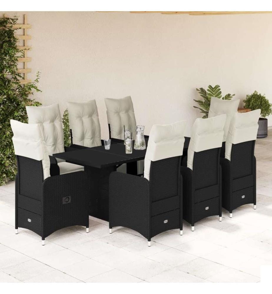 Ensemble de bistro de jardin 9 pcs coussins noir poly rotin