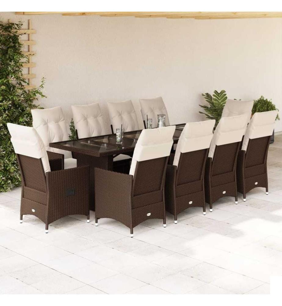 Ensemble de bistro de jardin 11 pcs coussins marron poly rotin