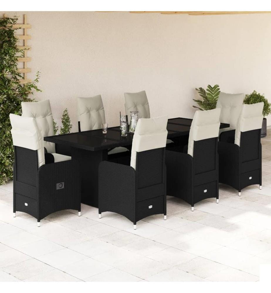 Ensemble de bistro de jardin 9 pcs coussins noir poly rotin