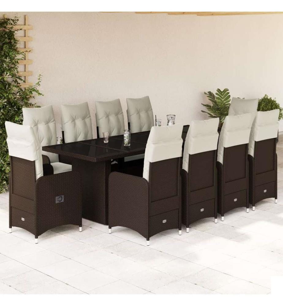 Ensemble de bistro de jardin 11 pcs coussins marron poly rotin