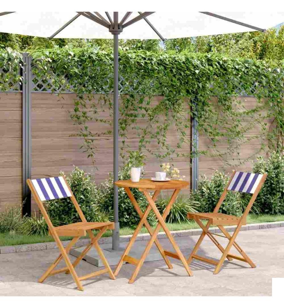 Ensemble de bistro 3 pcs bleu et blanc tissu et bois massif