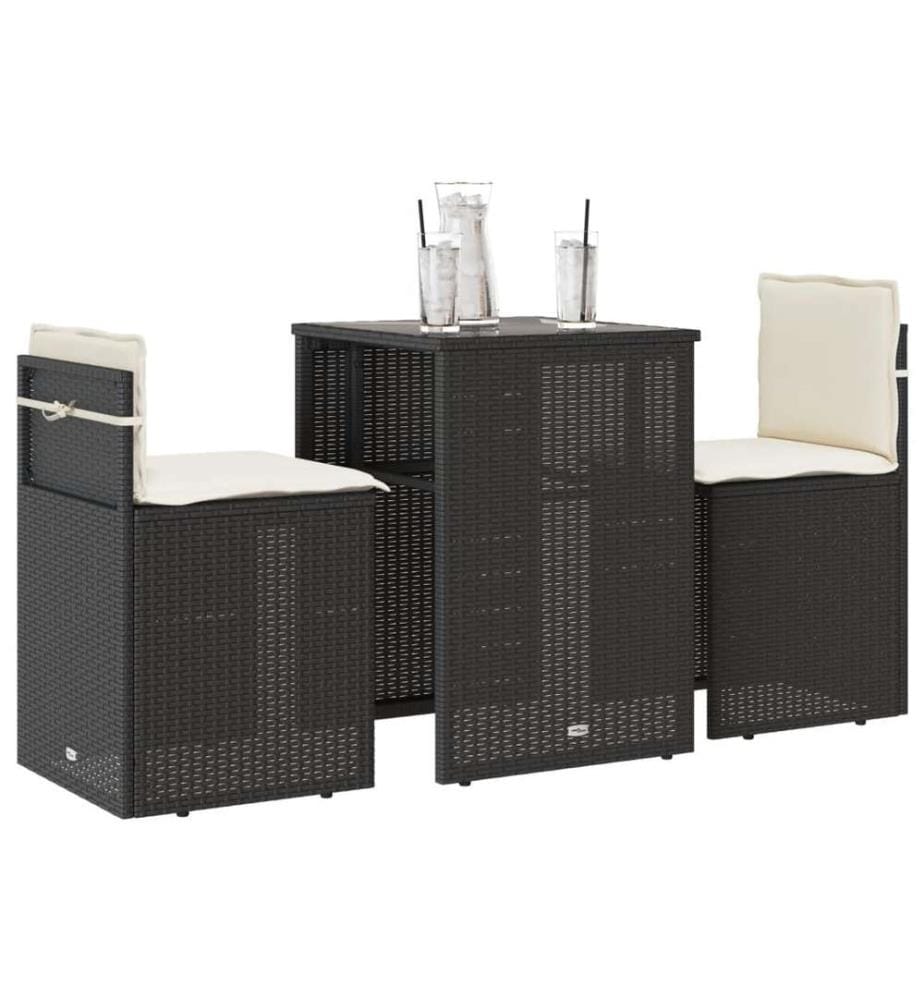 Ensemble de bistro 3 pcs avec coussins noir résine tressée