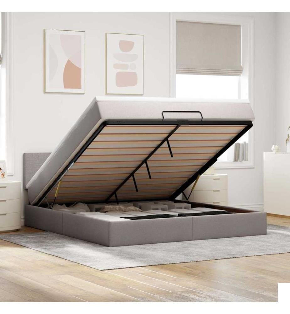 Cadre de lit ottoman avec matelas taupe 160x200 cm tissu