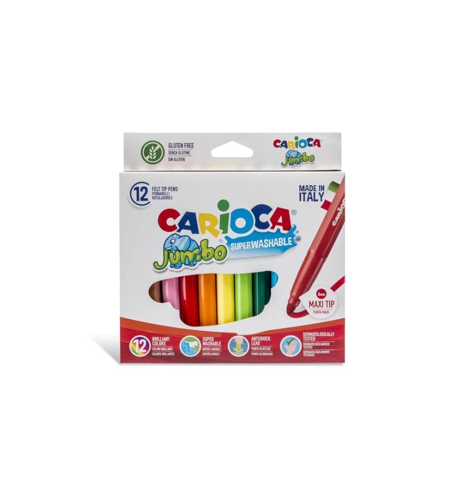 CARIOCA - Feutres de coloriage Jumbo Box 12 pièces, multicolores
