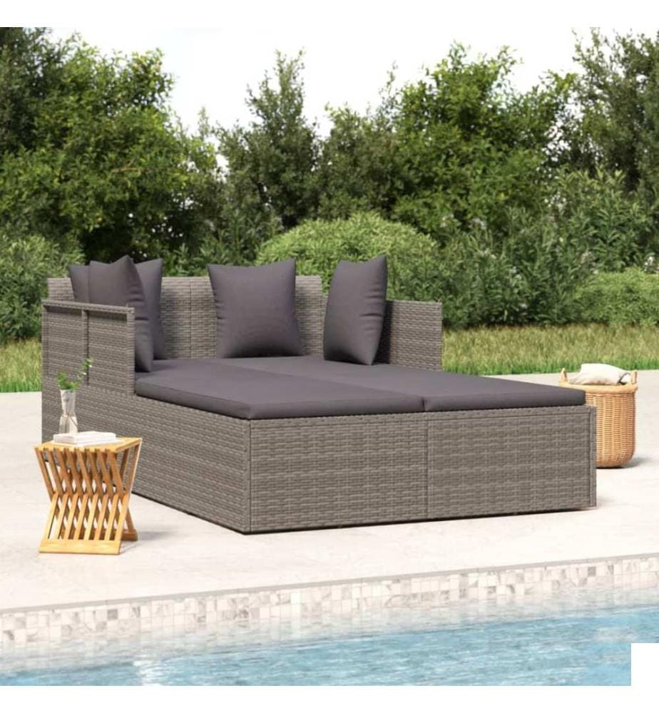 Chaise longue avec coussins gris 182x118x63 cm résine tressée