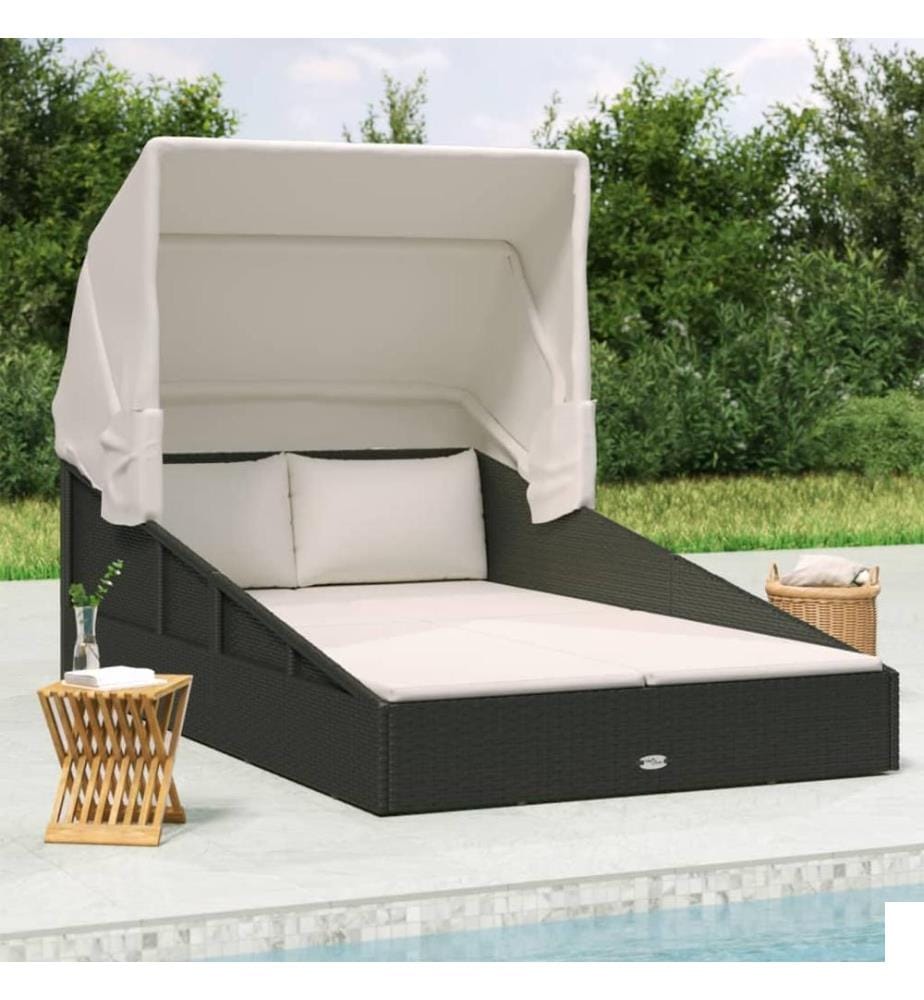 Transat avec toit pliable noir 200x114x128 cm résine tressée