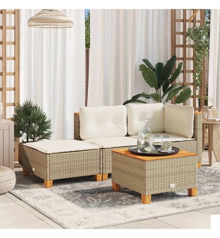 Tabouret de jardin et coussin beige 63,5x56x32cm résine tressée
