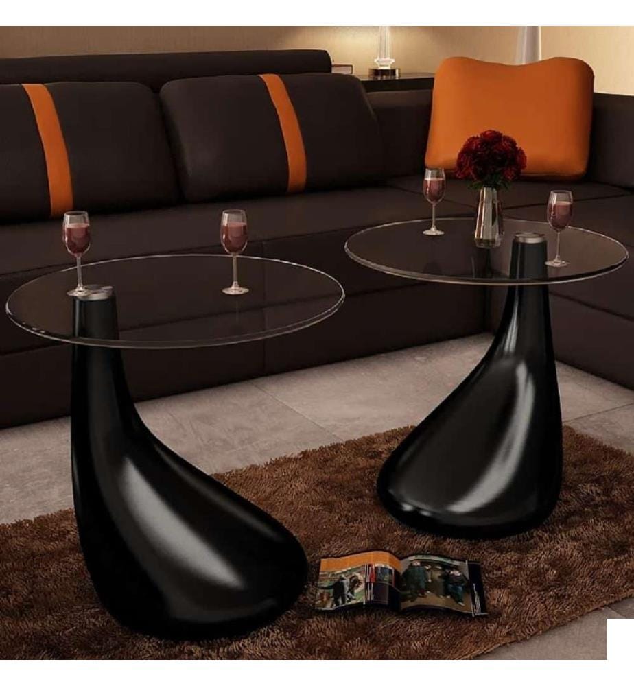 Table basse et dessus de table Verre rond Noir brillant 2 pcs