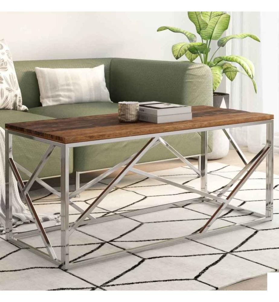 Table basse argenté inox et bois de mélèze massif