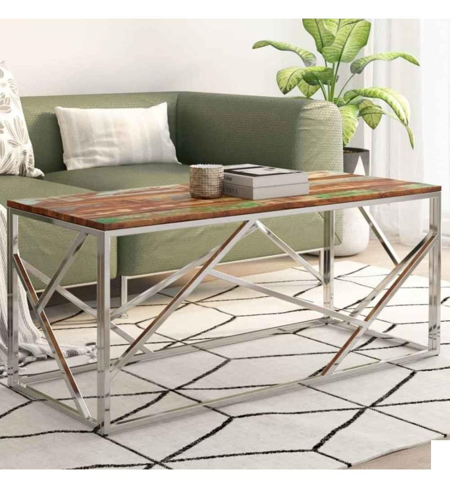 Table basse argenté inox et bois de récupération massif